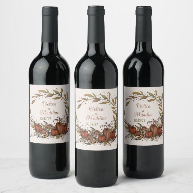 Elegant Pumpkin Wreath Autumn Inspirivity Wedding Wine Label (Bottles)
