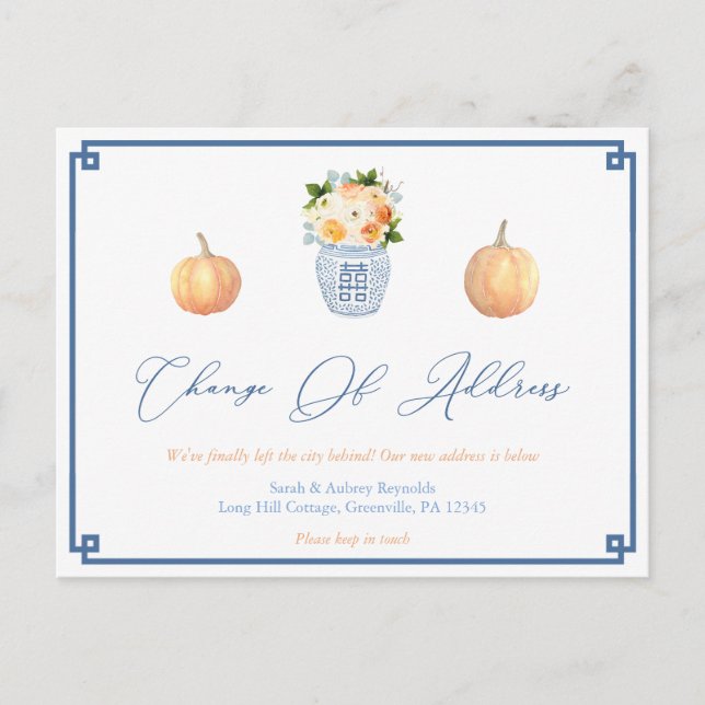 Elegant Pumpkins Autumn Flowers Change of Address Announcement Postcard (Front)