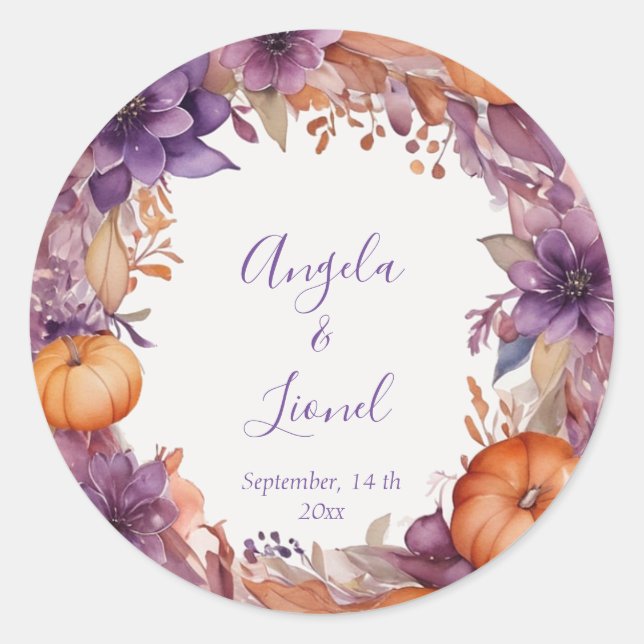Elegant Pumpkins Purple Flowers Wedding Classic Round Sticker (Front)