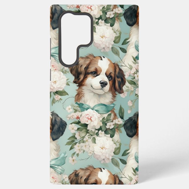 Elegant Puppy and Floral Print Samsung Galaxy S22 Ultra Case (Back)