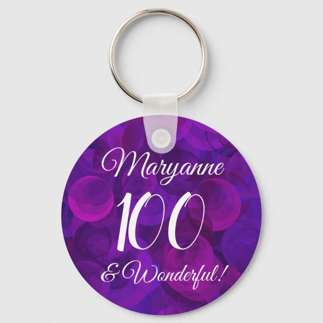 Elegant Purple 100 and Wonderful Birthday Party Keychain (Front)