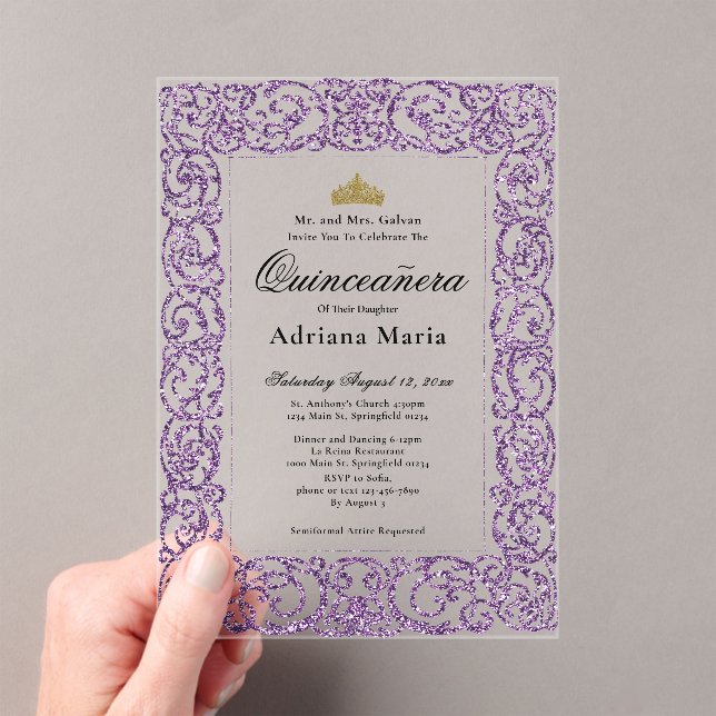 Elegant Purple 15th Birthday Quinceanera Acrylic Invitations (Insitu (Handheld))