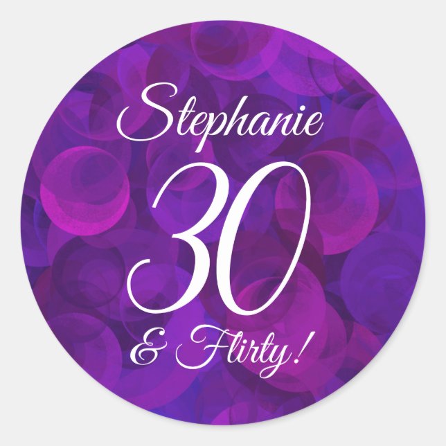 Elegant Purple 30 and Flirty Birthday Favour Classic Round Sticker (Front)