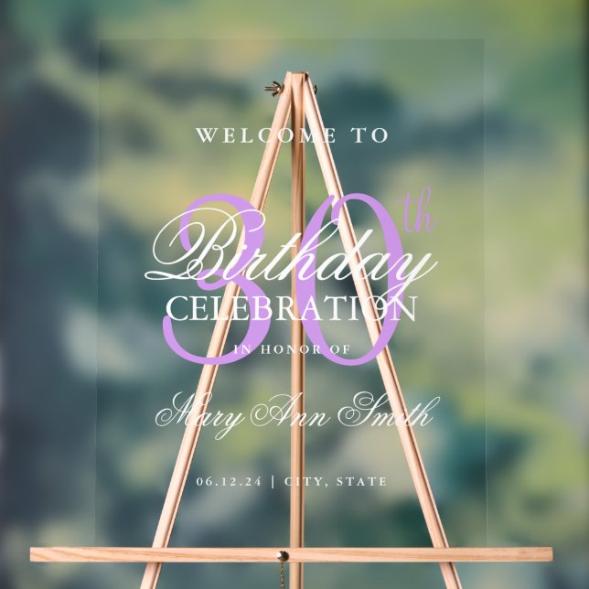 Elegant Purple 30th Birthday Party Welcome  Acrylic Sign (Neutral)