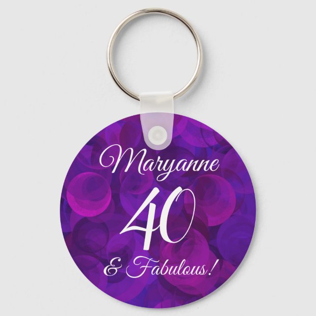 Elegant Purple 40 & Fabulous Birthday Party Favour Keychain (Front)