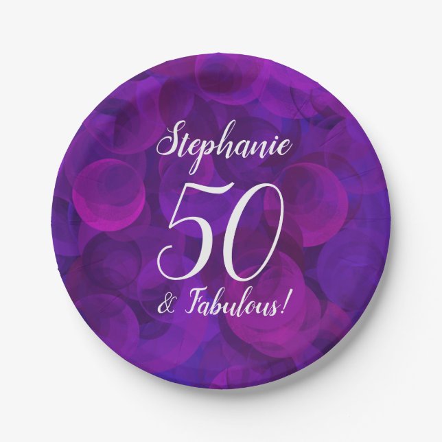 Elegant Purple 50 and Fabulous Birthday Party Paper Plate (Front)