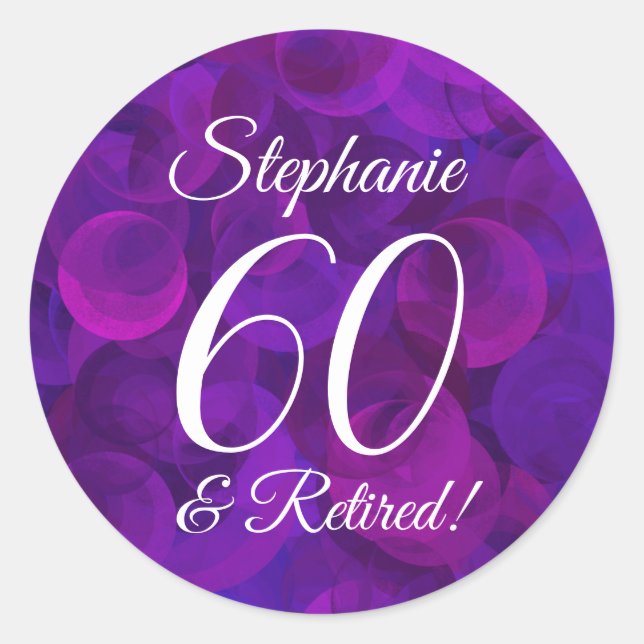 Elegant Purple 60 and Retired Retirement Favour Classic Round Sticker (Front)