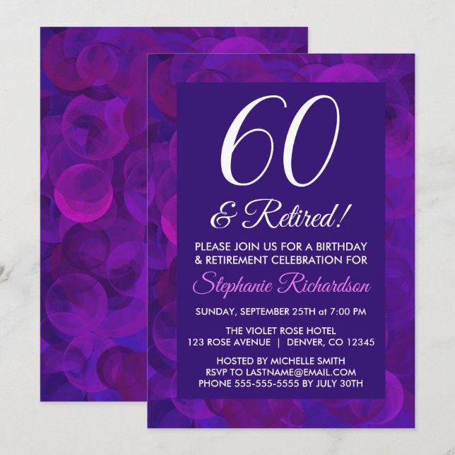 Elegant Purple 60 and Retired Retirement Party Invitation (Front/Back)
