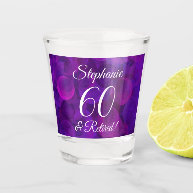 Elegant Purple 60 and Retired Retirement Shot Glass (Front)