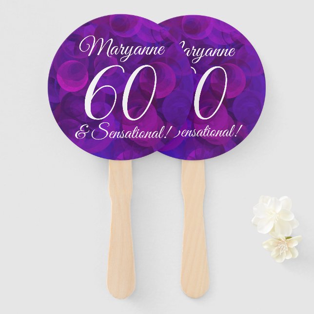 Elegant Purple 60 and Sensational Birthday Hand Fan (Front and Back)
