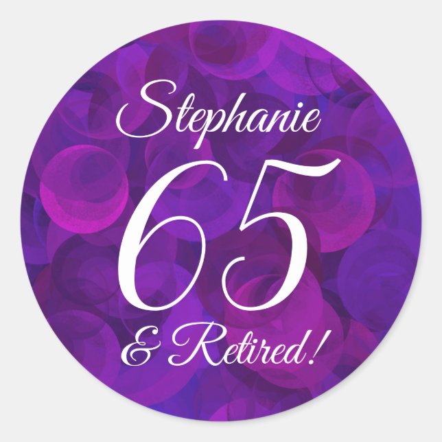 Elegant Purple 65 and Retired Retirement Favour Classic Round Sticker (Front)