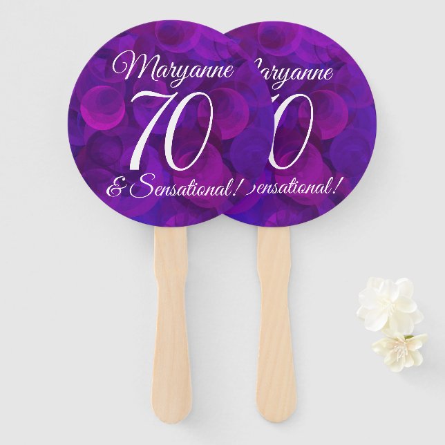 Elegant Purple 70 and Sensational Birthday Party Hand Fan (Front and Back)