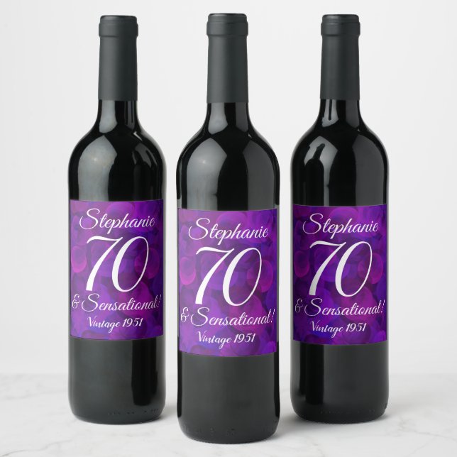 Elegant Purple 70 and Sensational Personalized Wine Label (Bottles)
