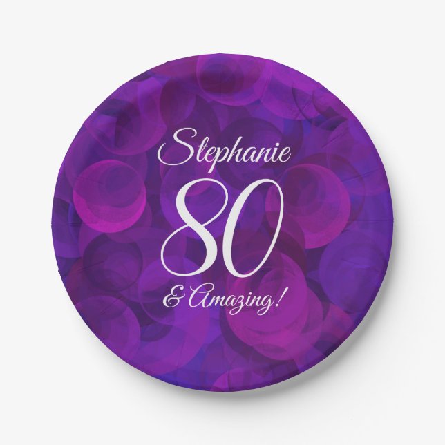 Elegant Purple 80 and Amazing Birthday Party Paper Plate (Front)