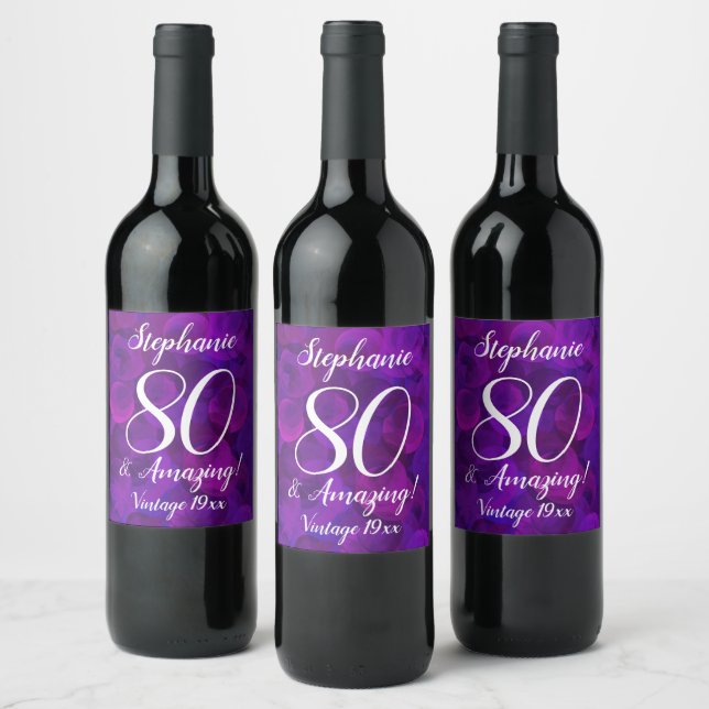 Elegant Purple 80 and Amazing Birthday Personalize Wine Label (Bottles)