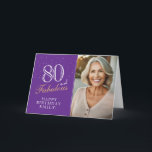 Elegant Purple 80 and Fabulous 80th Birthday Photo Card<br><div class="desc">80 and Fabulous Elegant Purple 80th Birthday Photo Card. 80 and fabulous text in trendy script with a name on a purple background. Personalize it with your photo,  name and age. Add your text inside the card or erase it. It`s a great personalized photo card for a woman`s birthday.</div>