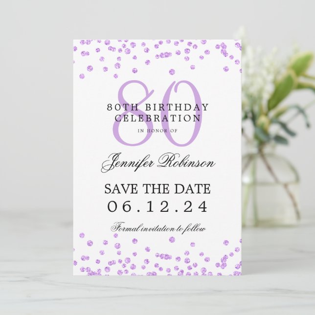 Elegant Purple 80th Birthday Save Date Details  Invitation (Standing Front)