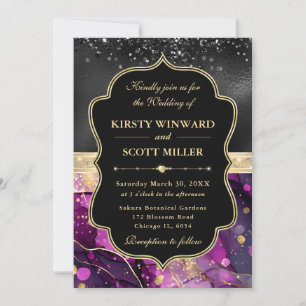 Elegant Purple Agate Black Glitter Wedding Invitation