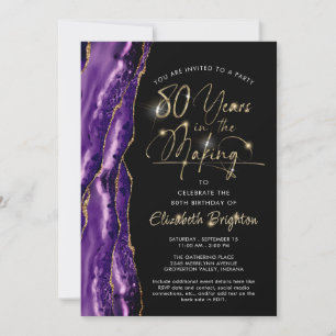 Elegant Purple Agate Black Gold 80th Birthday Invitation