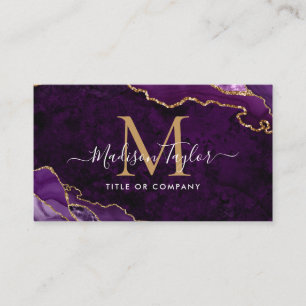 Elegant Purple Agate Gold Glitter Script Monogram Business Card