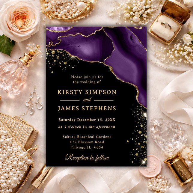 Elegant Purple Agate & Gold Wedding Invitation (Creator Uploaded)