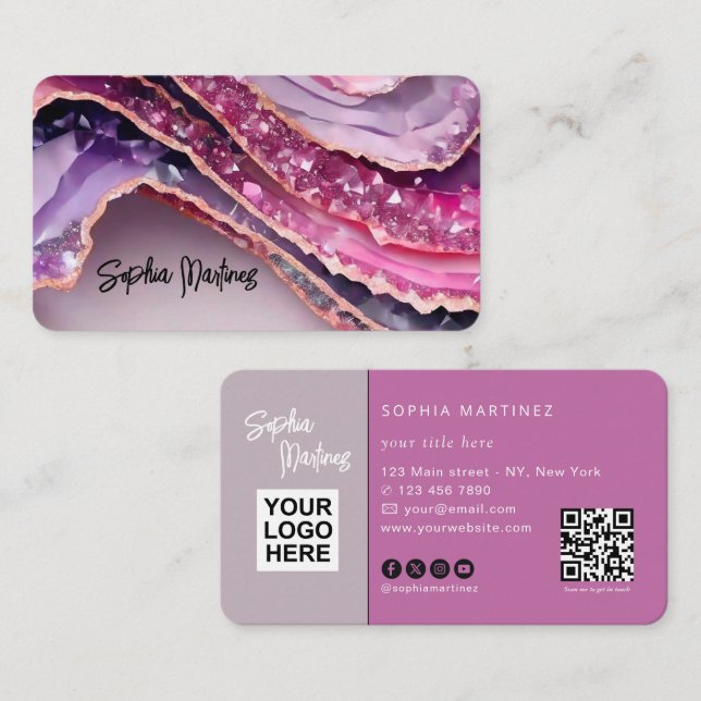 Elegant purple agate & QR Code Logo Business Card (Front/Back)
