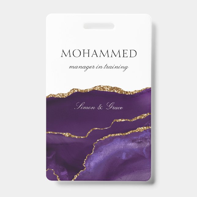 Elegant Purple Agate Script Custom Employee Badge (Front)