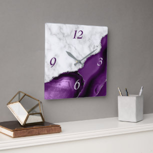 Elegant Purple Agate Silver Glitter Marble Square Wall Clock