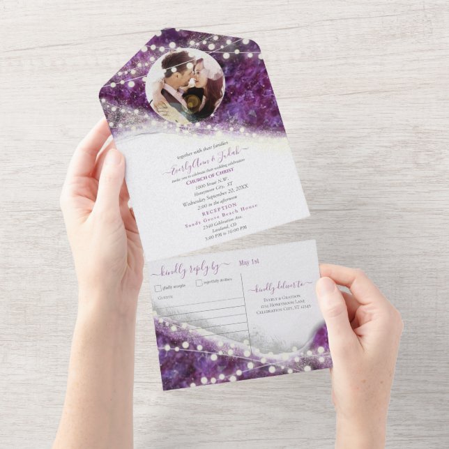 Elegant Purple Amethyst Crystal Geode Wedding All In One Invitation (Tearaway)