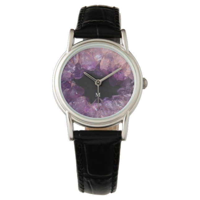 Elegant purple amethyst mineral pattern monogram watch (Front)