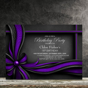 Elegant Purple and Black Bow 18th Birthday Party Invitation