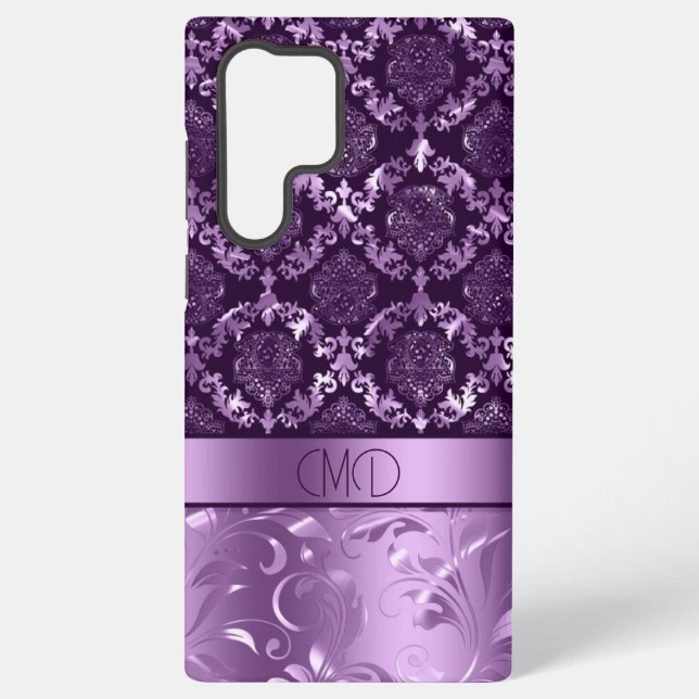 Elegant purple and black floral damasks and swirls samsung galaxy s22 ultra case (Back)