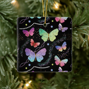 Elegant Purple and Blue Bright Butterflies Ceramic Ornament