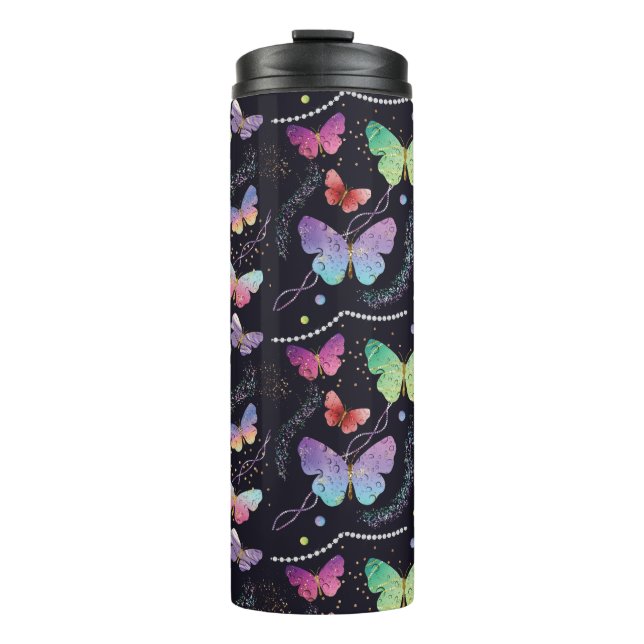Elegant Purple and Blue Bright Butterflies Thermal Tumbler (Front)