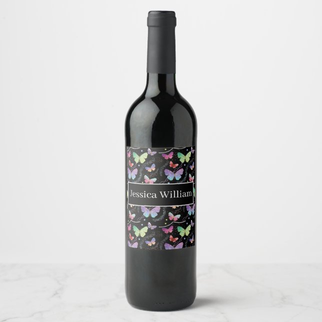 Elegant Purple and Blue Bright Butterflies Wine Label (Front)