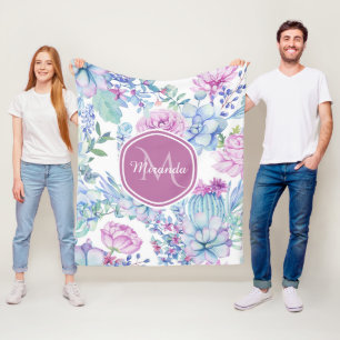 Elegant Purple and Blue Succulent Floral With Name Fleece Blanket