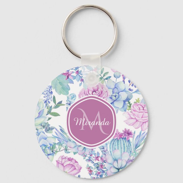 Elegant Purple and Blue Succulent Floral With Name Keychain (Front)