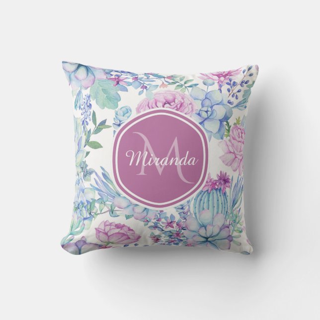 Elegant Purple and Blue Succulent Floral With Name Throw Pillow (Front)