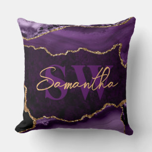Elegant Purple and Faux Gold Glitter Marble Agate Throw Pillow