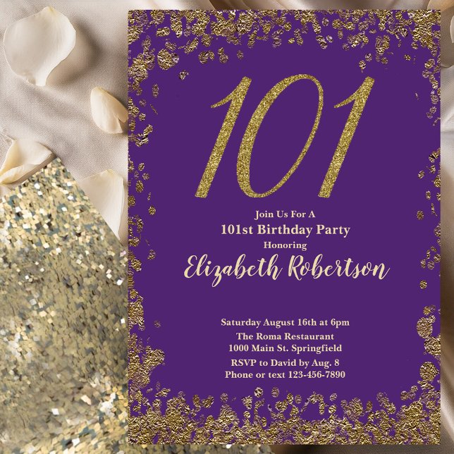 Elegant Purple and Gold 101st Birthday Invitation (Creator Uploaded)