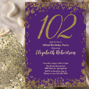 Elegant Purple and Gold 102nd Birthday Invitation