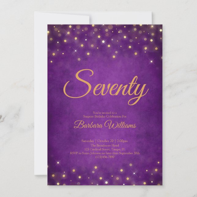 Elegant Purple and Gold 70th BirthdayInvitation Invitation (Front)