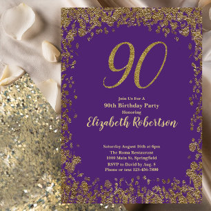 Elegant Purple and Gold 90th Birthday Invitation