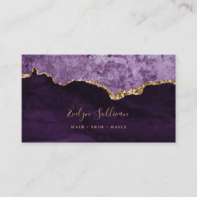 elegant purple and gold agate business card (Front)