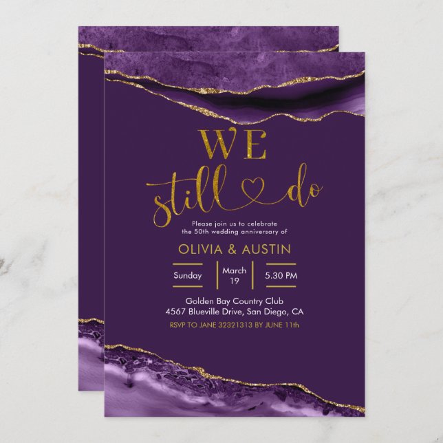 Elegant Purple and Gold Agate Wedding Anniversary Invitation (Front/Back)