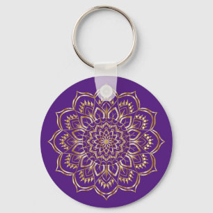 Elegant Purple and Gold Floral Mandala Pattern Keychain