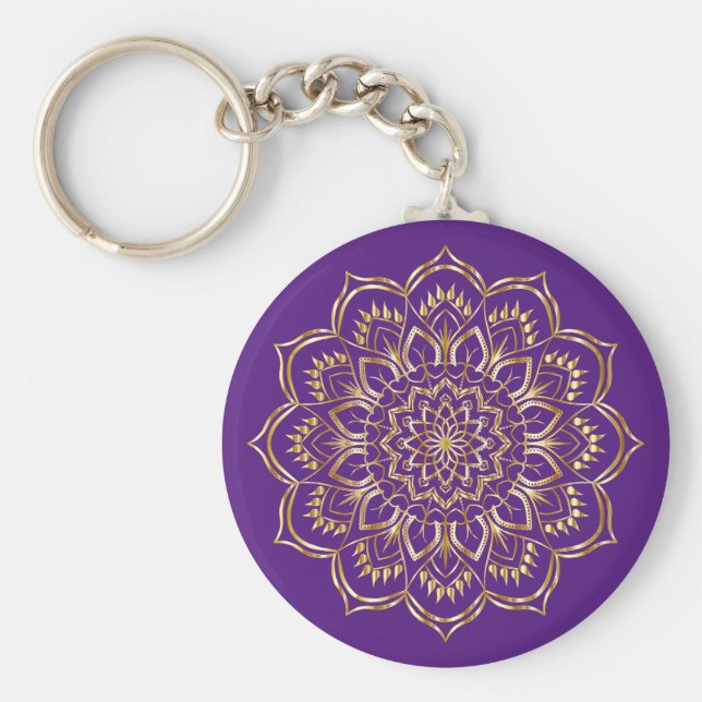 Elegant Purple and Gold Floral Mandala Pattern Keychain (Front)