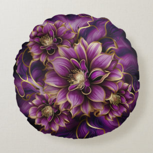 Elegant Purple and Gold Floral Pattern Round Pillow