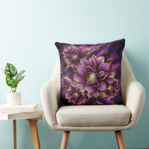 Elegant Purple and Gold Floral Pattern Throw Pillow