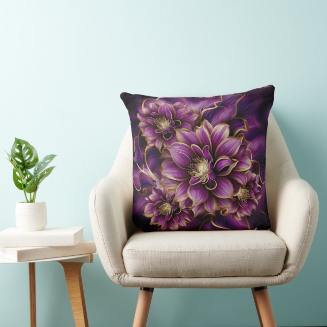 Elegant Purple and Gold Floral Pattern  Throw Pillow (Chair)